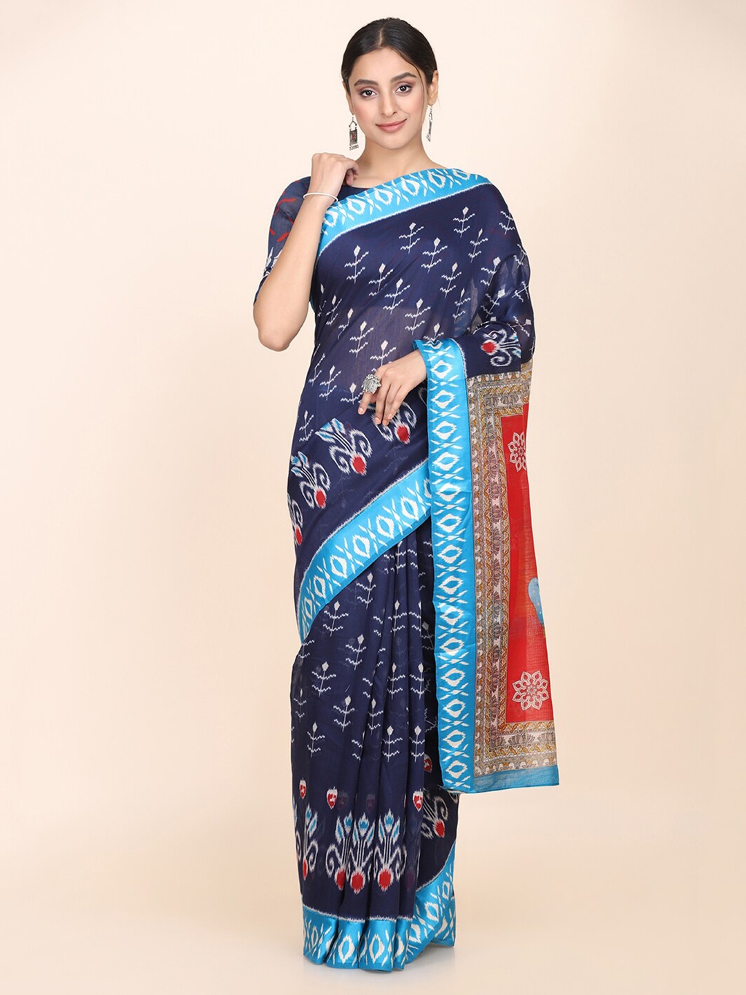 

KALINI Navy Blue & Red Ethnic Motifs Silk Cotton Block Print Saree