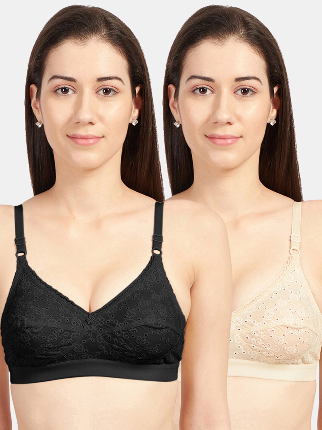 

Sonari Pack of 2 Floral Pure Cotton Bras racerblackskin30B, Black