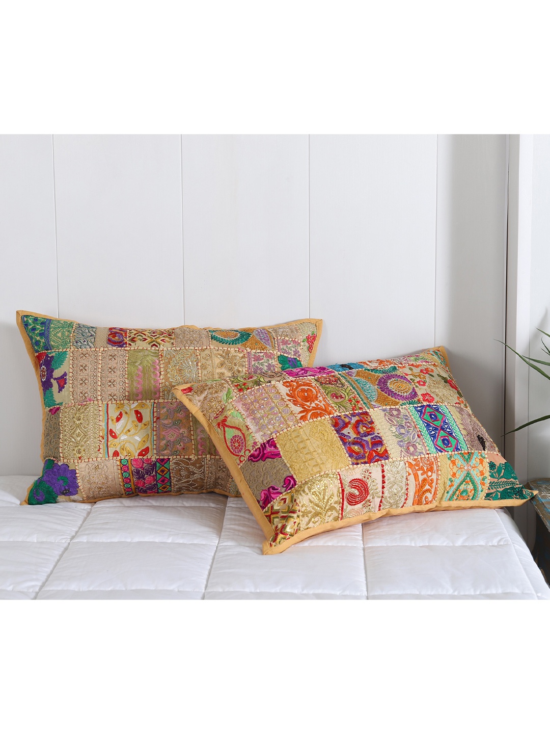 

HANDICRAFT PALACE Set Of 2 Beige Patchwork Embroidered Rectangular Pillow Covers
