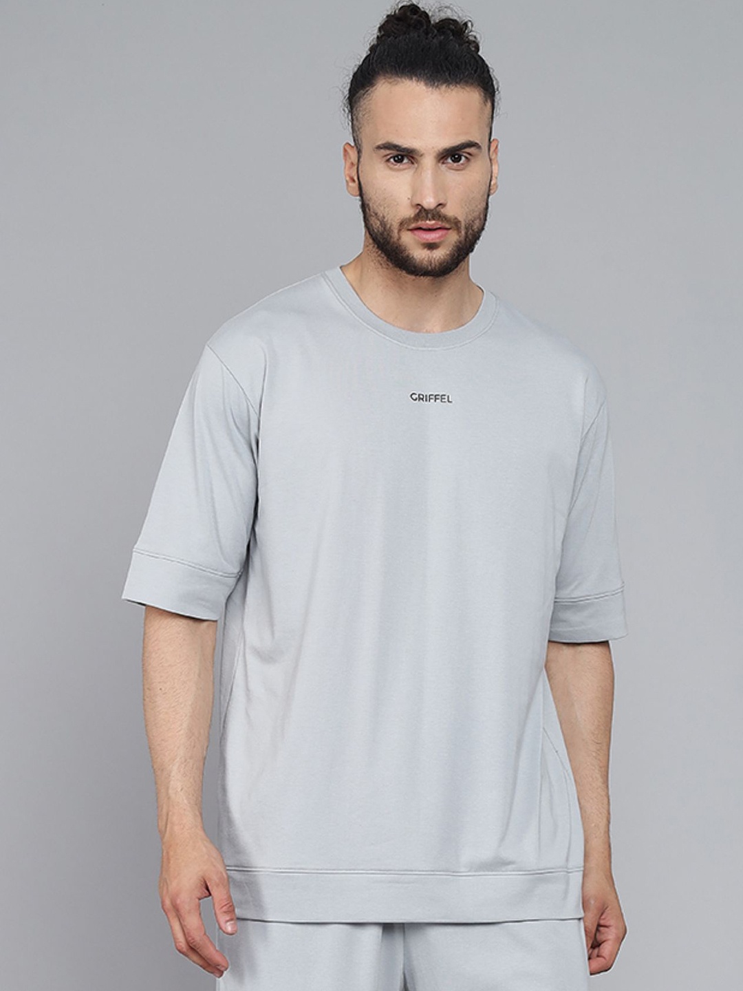 

GRIFFEL Men Grey Oversized T-shirt, Steel