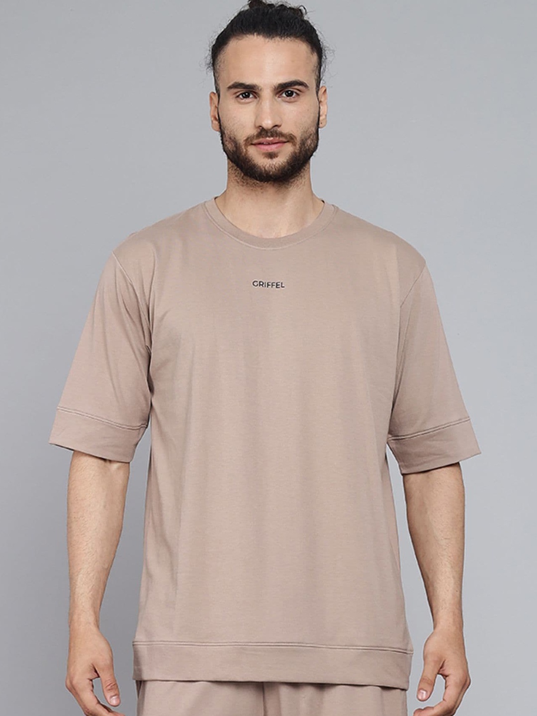 

GRIFFEL Men Brown Round Neck Oversized T-shirt