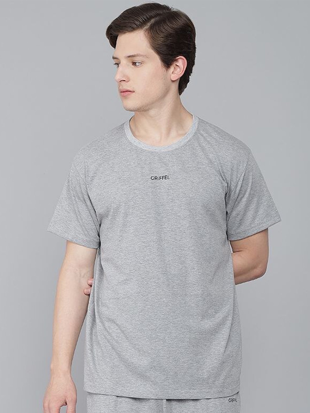 

GRIFFEL Men Grey Melange Solid Regular Fit T-shirt