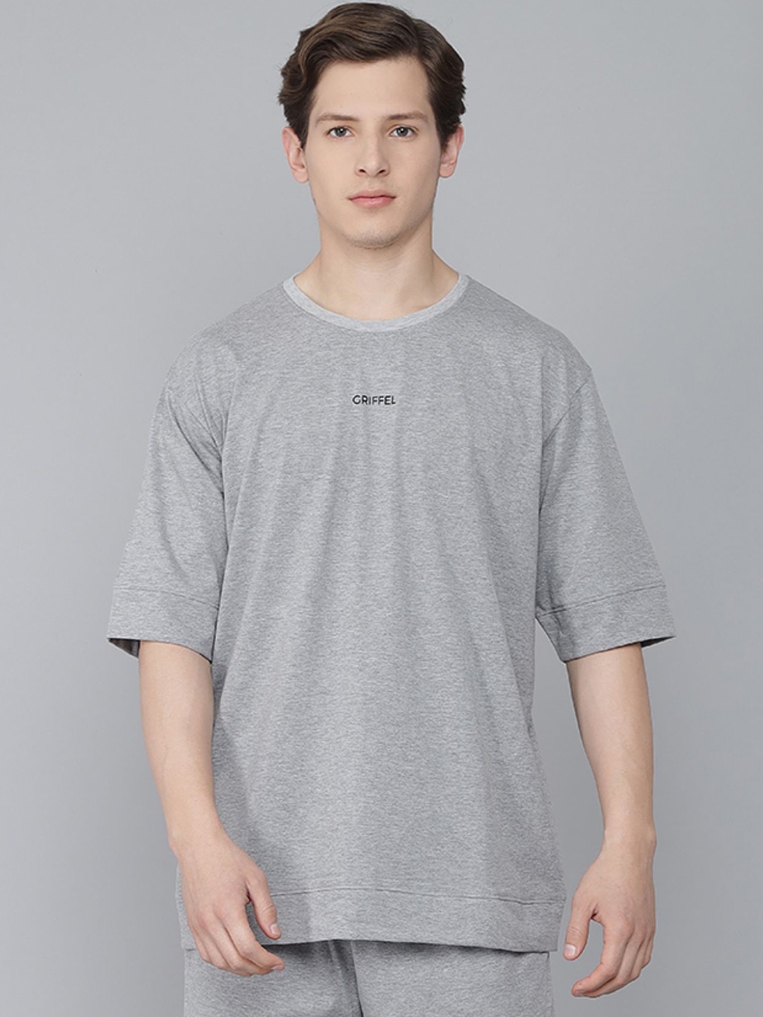GRIFFEL Men Grey Typography Oversized T-shirt