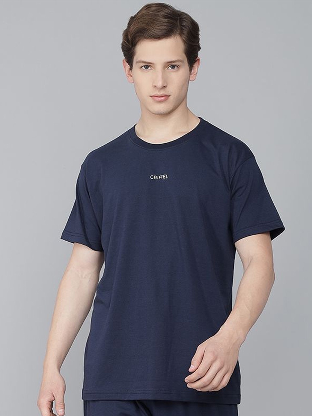 

GRIFFEL Men Navy Blue Cotton T-shirt