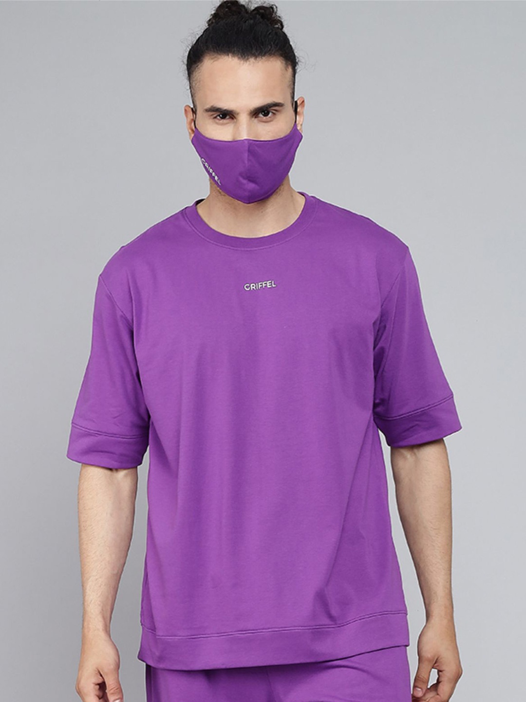 

GRIFFEL Men Purple Oversized T-shirt with Mask