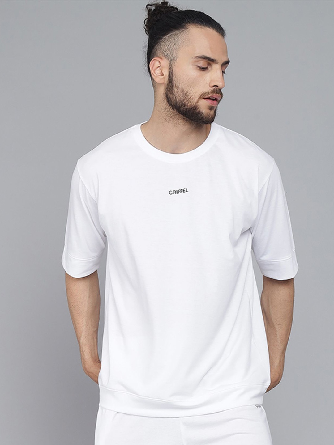

GRIFFEL Men White Round Neck Oversized T-shirt