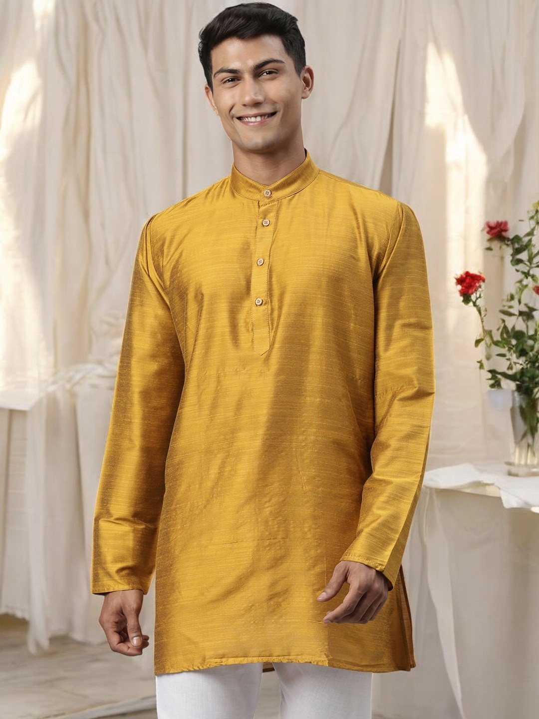 

TATTVA Men Mustard Yellow Solid Cotton Kurta