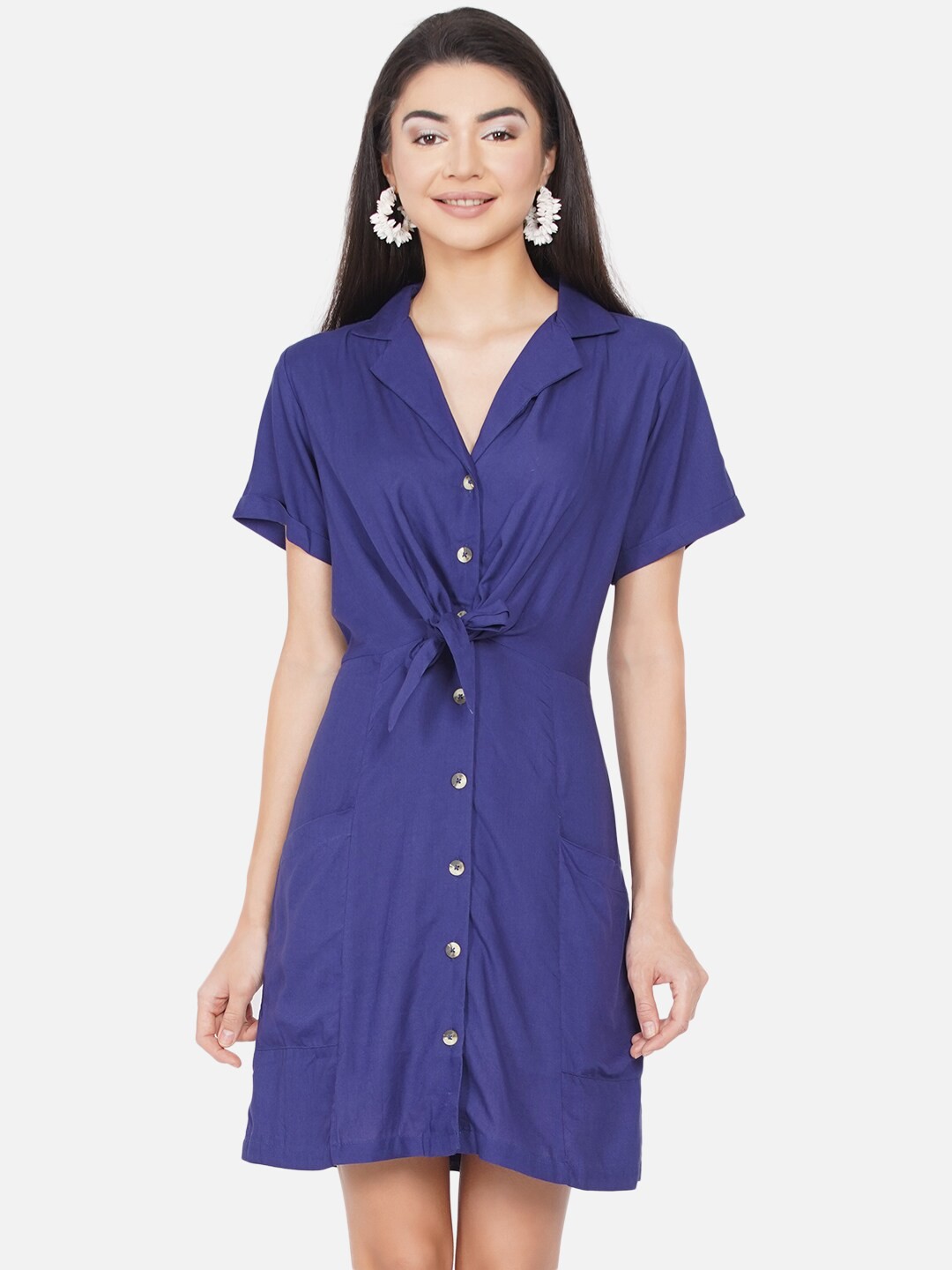 

DIVA WALK EXCLUSIVE Navy Blue Solid Shirt Style Short Dress