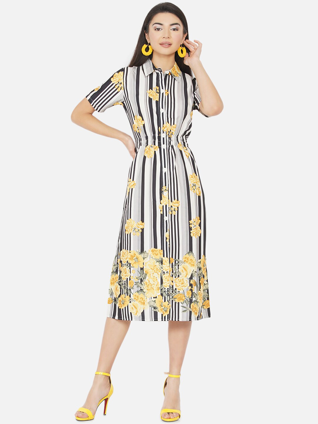 

DIVA WALK EXCLUSIVE White & Black Striped Floral Crepe Shirt Midi Dress