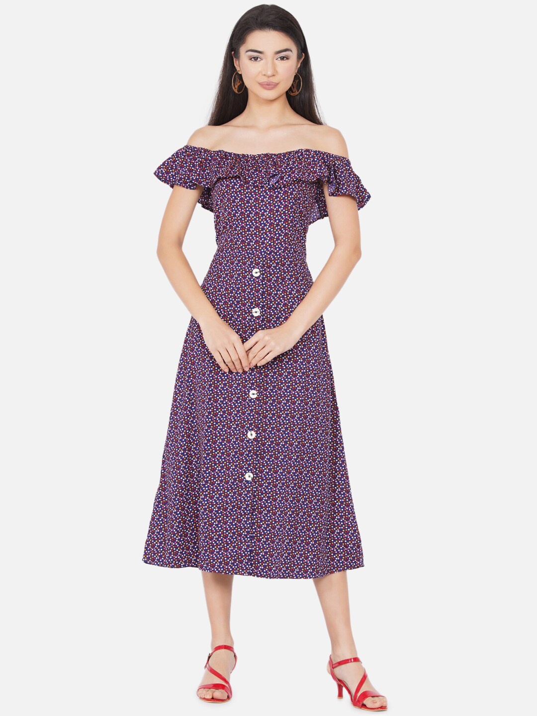 

DIVA WALK EXCLUSIVE Blue & Red Polka Dots Printed Off-Shoulder Crepe A-Line Midi Dress