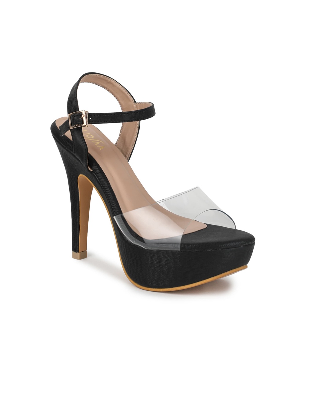 

VALIOSAA Black Platform Sandals with Buckles 5 Inch Heels