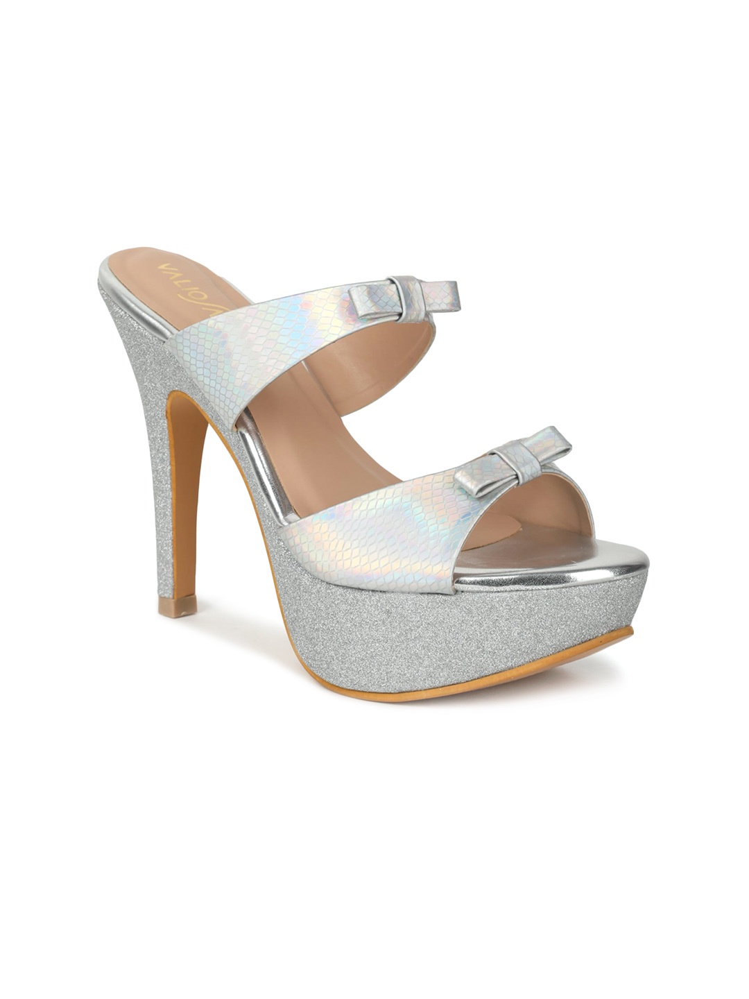 

VALIOSAA Silver-Toned Party Stiletto Sandals with Bows 5 Inch Heels