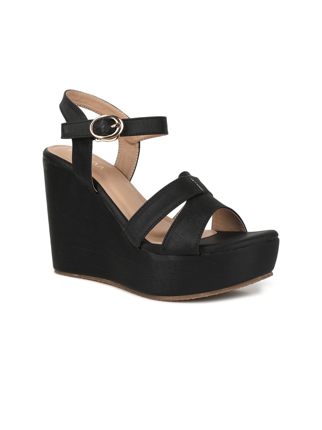 

VALIOSAA Black Party Wedge Sandals with Buckles 4 Inch Heels