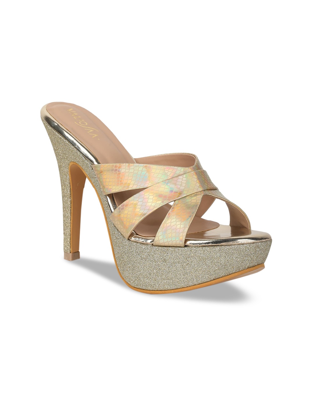 

VALIOSAA Gold-Toned Textured Party Platform Sandals 5 Inch Heels