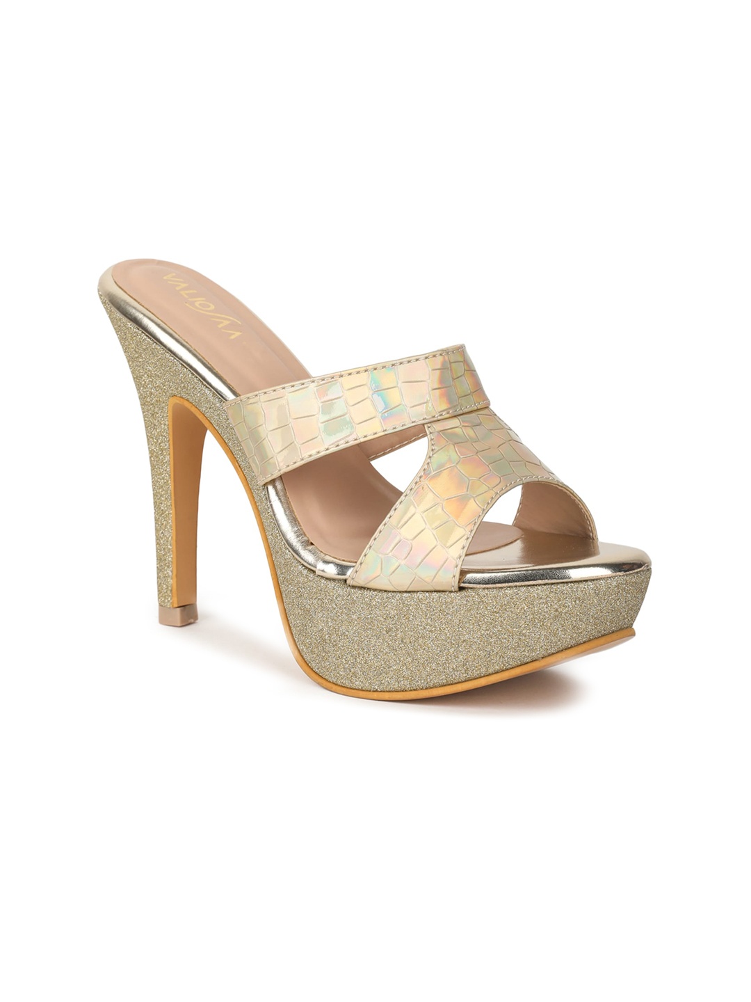 

VALIOSAA Gold-Toned Textured Party Stiletto Sandals 5 Inch Heels