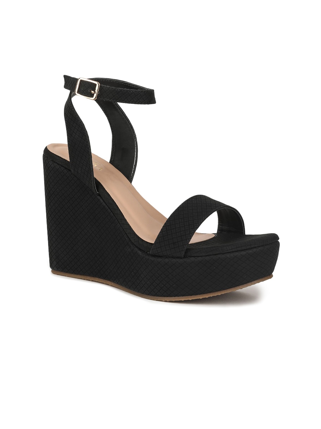 

VALIOSAA Black Textured Wedge Sandals with Buckles 4 Inch Heels