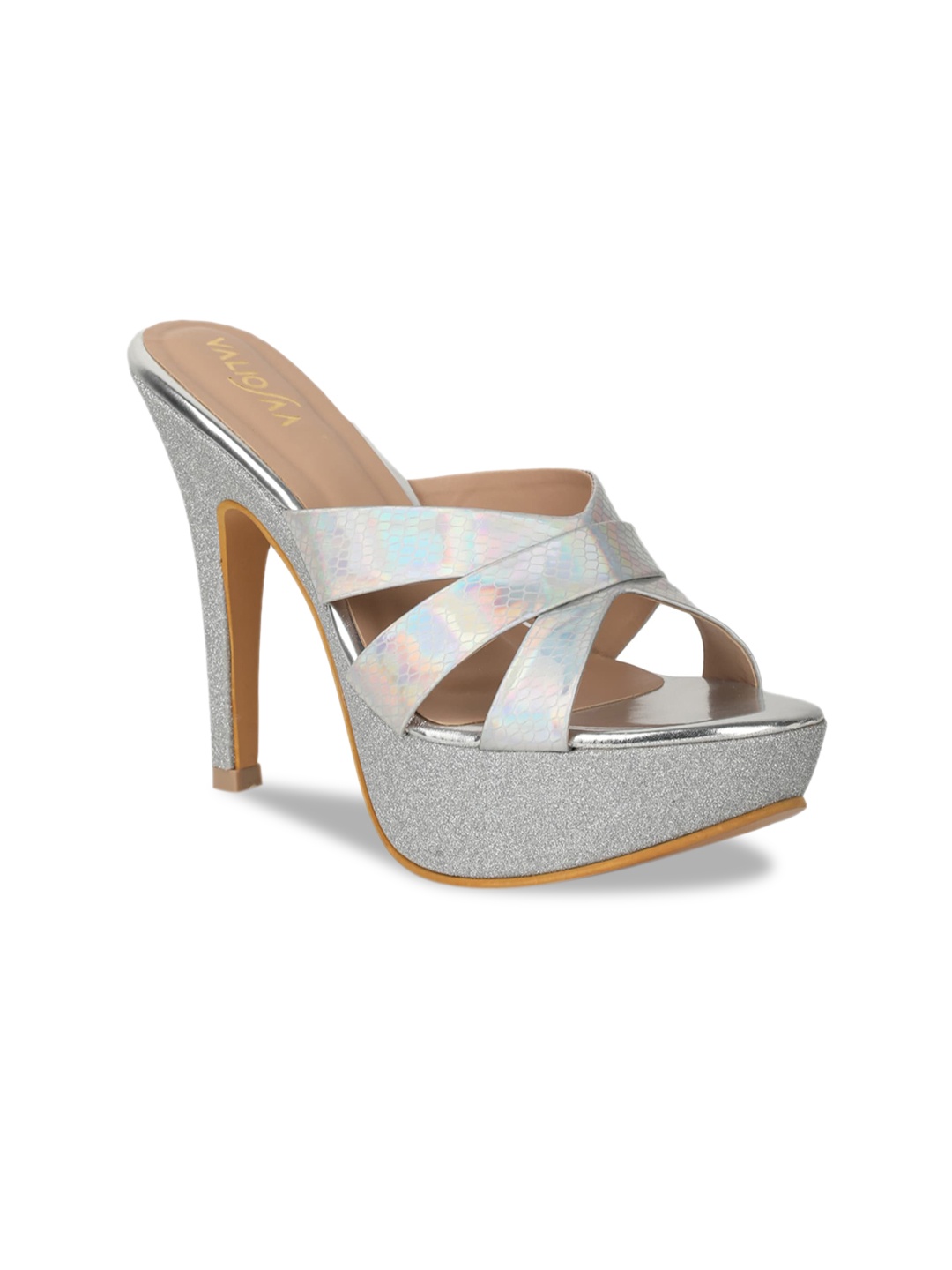 

VALIOSAA Silver-Toned Textured Party Platform Sandals 5 Inch Heels