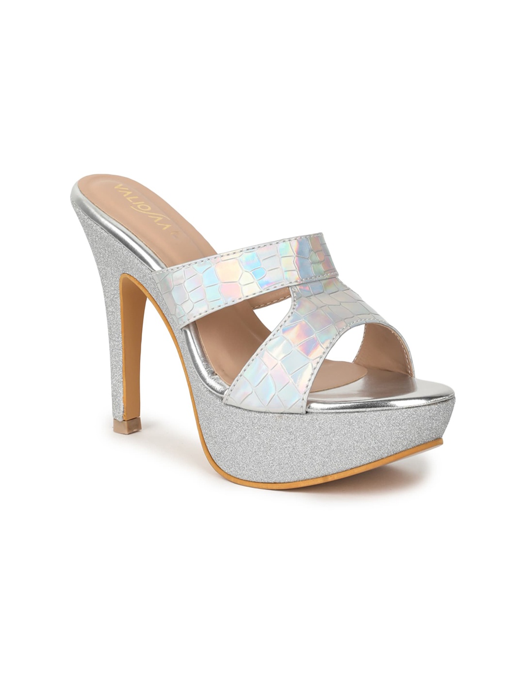 

VALIOSAA Silver-Toned Textured Party Stiletto Sandals 5 Inch Heels