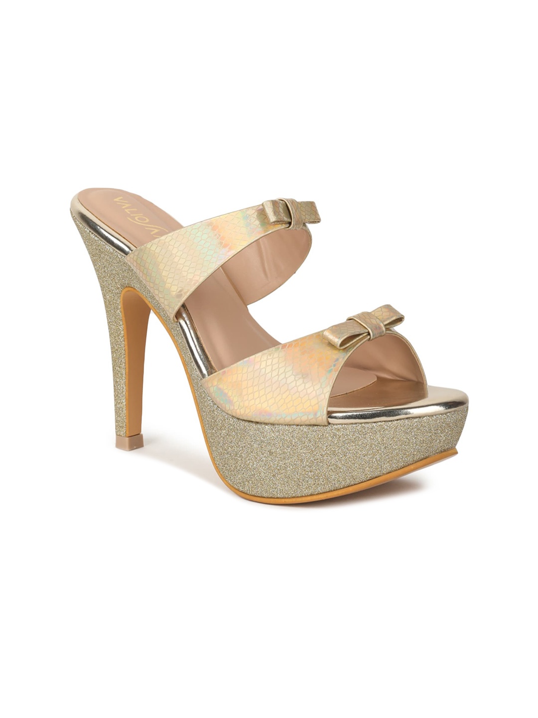 

VALIOSAA Gold-Toned Party Stiletto Sandals with Bows