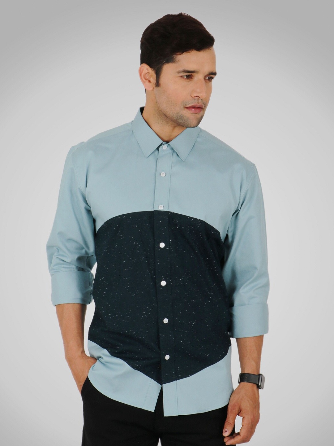 

SHIRT THEORY Men Turquoise Blue Comfort Colourblocked Casual Shirt