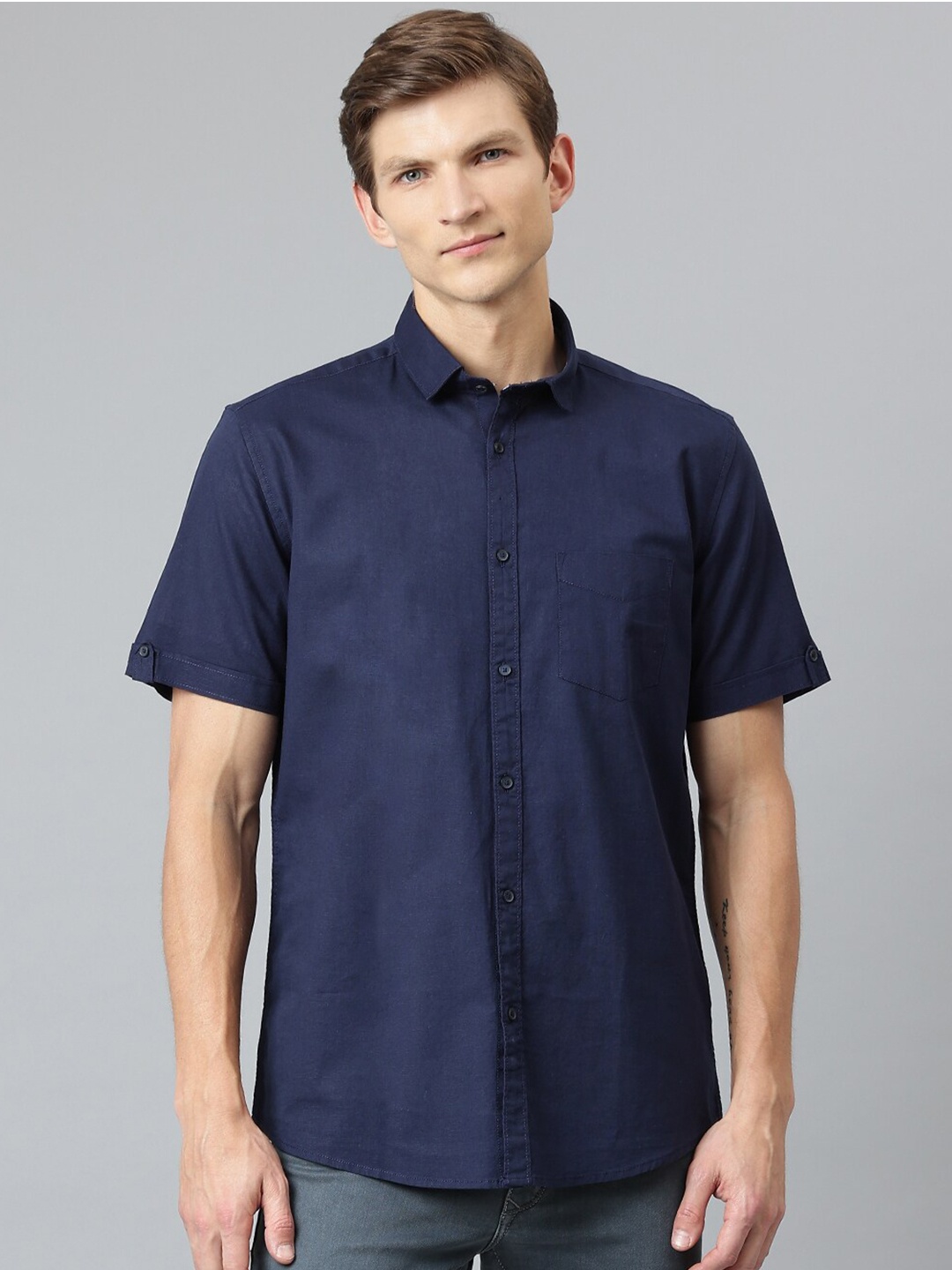 

Richlook Men Navy Blue Slim Fit Cotton Casual Shirt