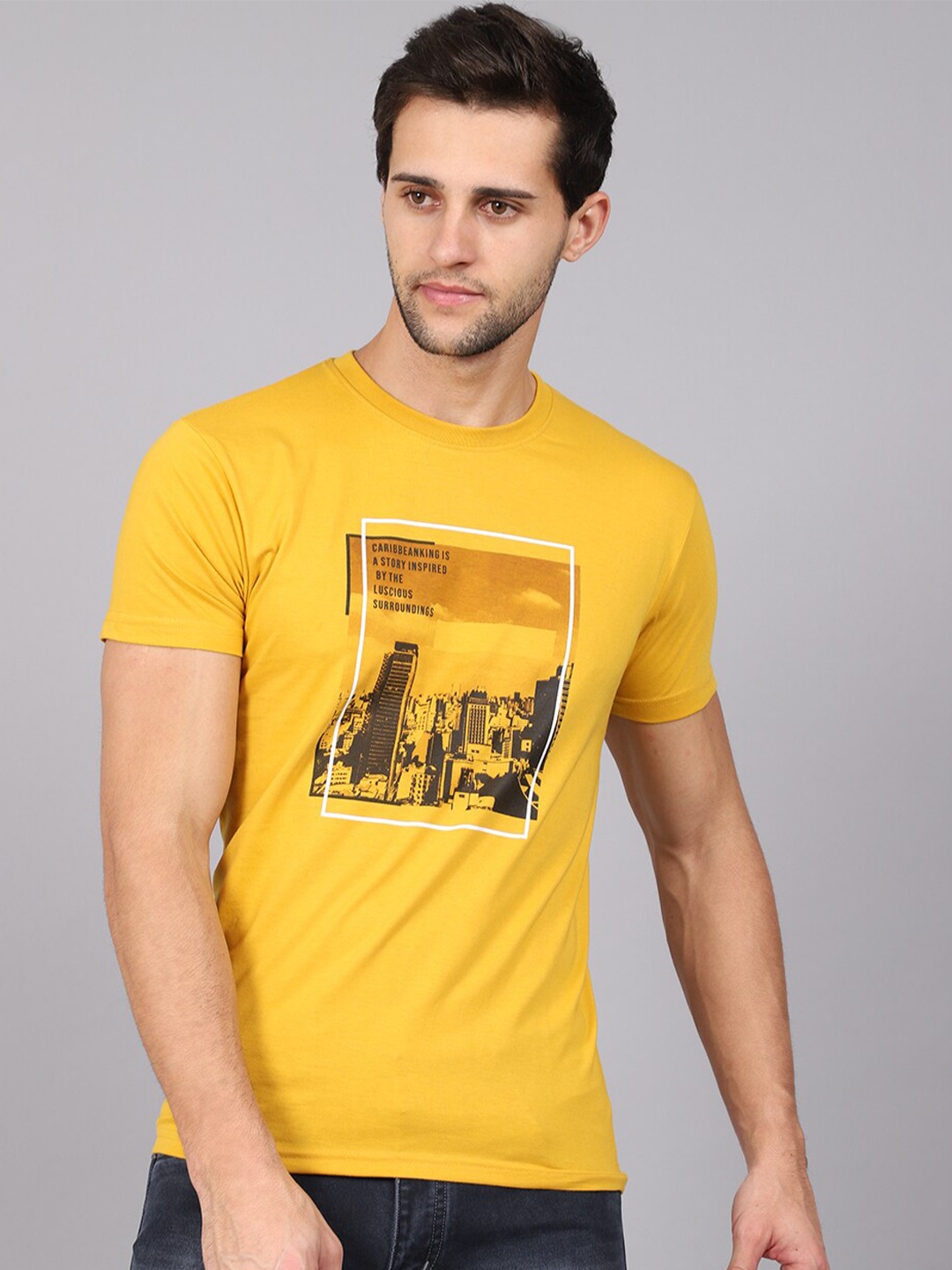 

Rodamo Men Yellow Printed Slim Fit Round Neck T-shirt