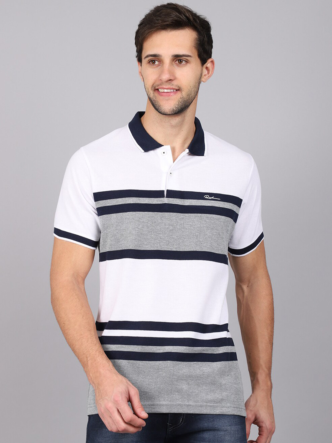 

Rodamo Men White & Blue Striped Polo Collar Slim Fit T-shirt