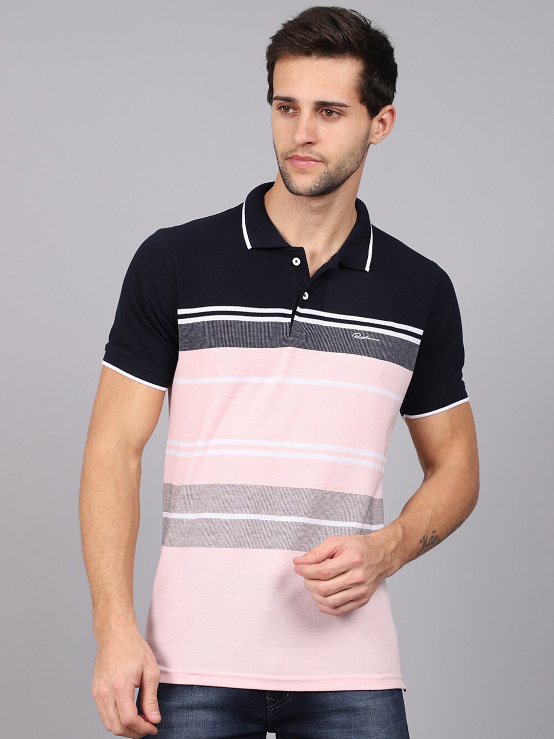 

Rodamo Men Pink & Black Striped Polo Collar Slim Fit T-shirt
