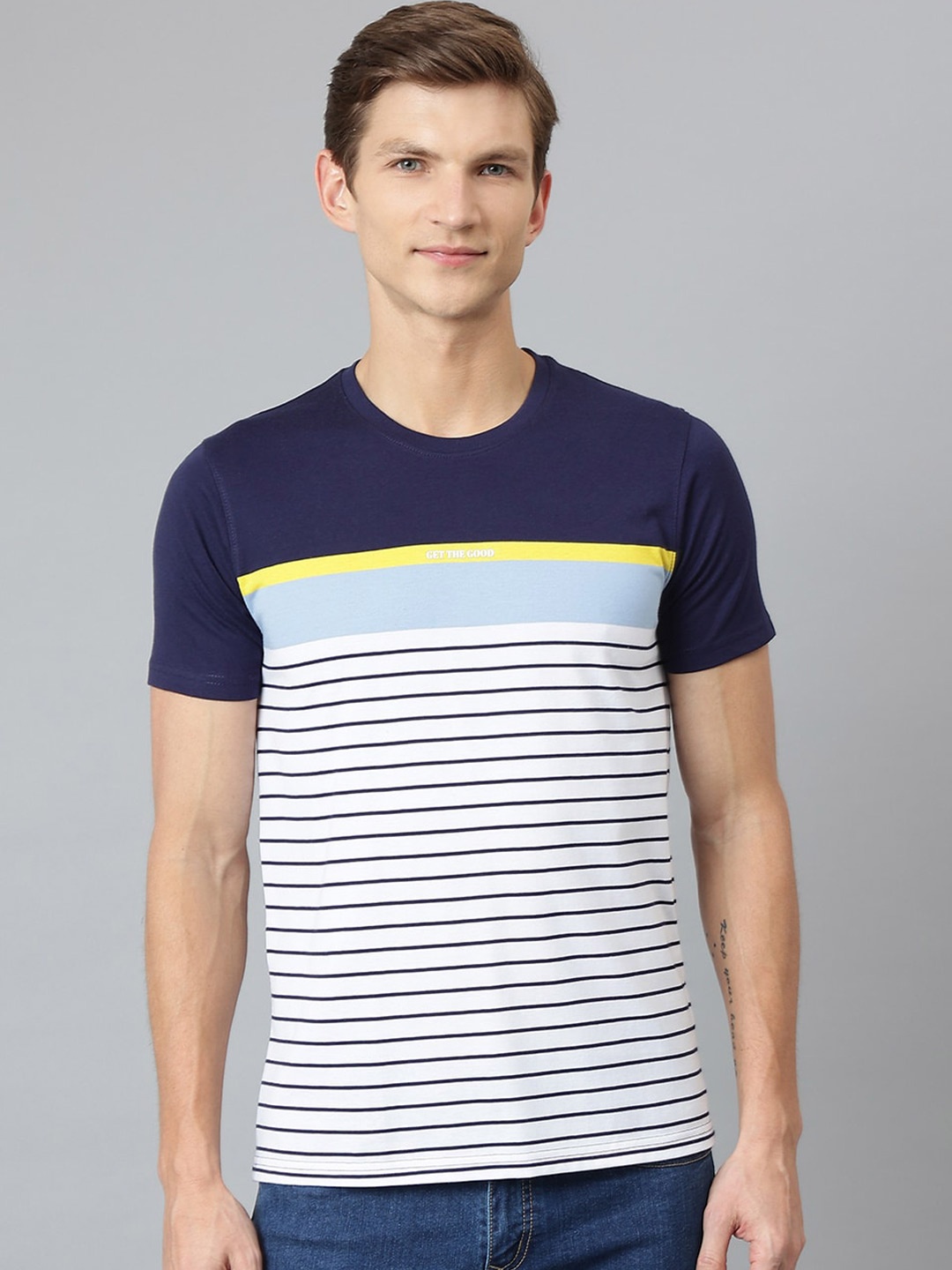 

Richlook Men White Striped T-shirt