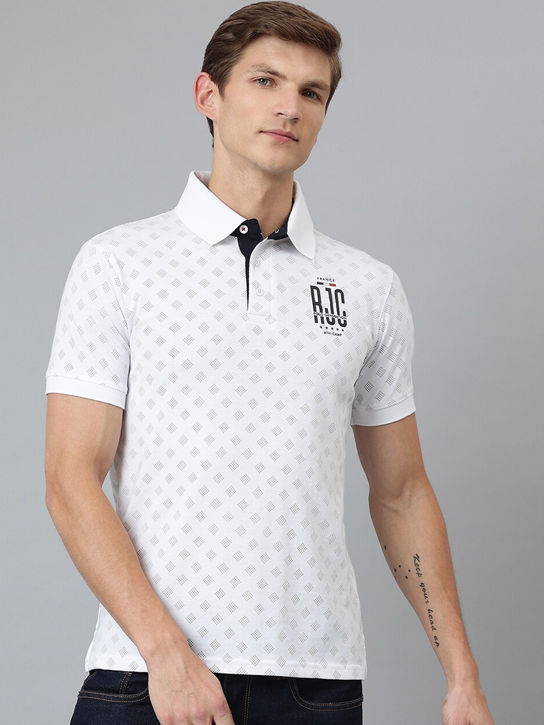 

Richlook Men White Printed Polo Collar Cotton T-shirt