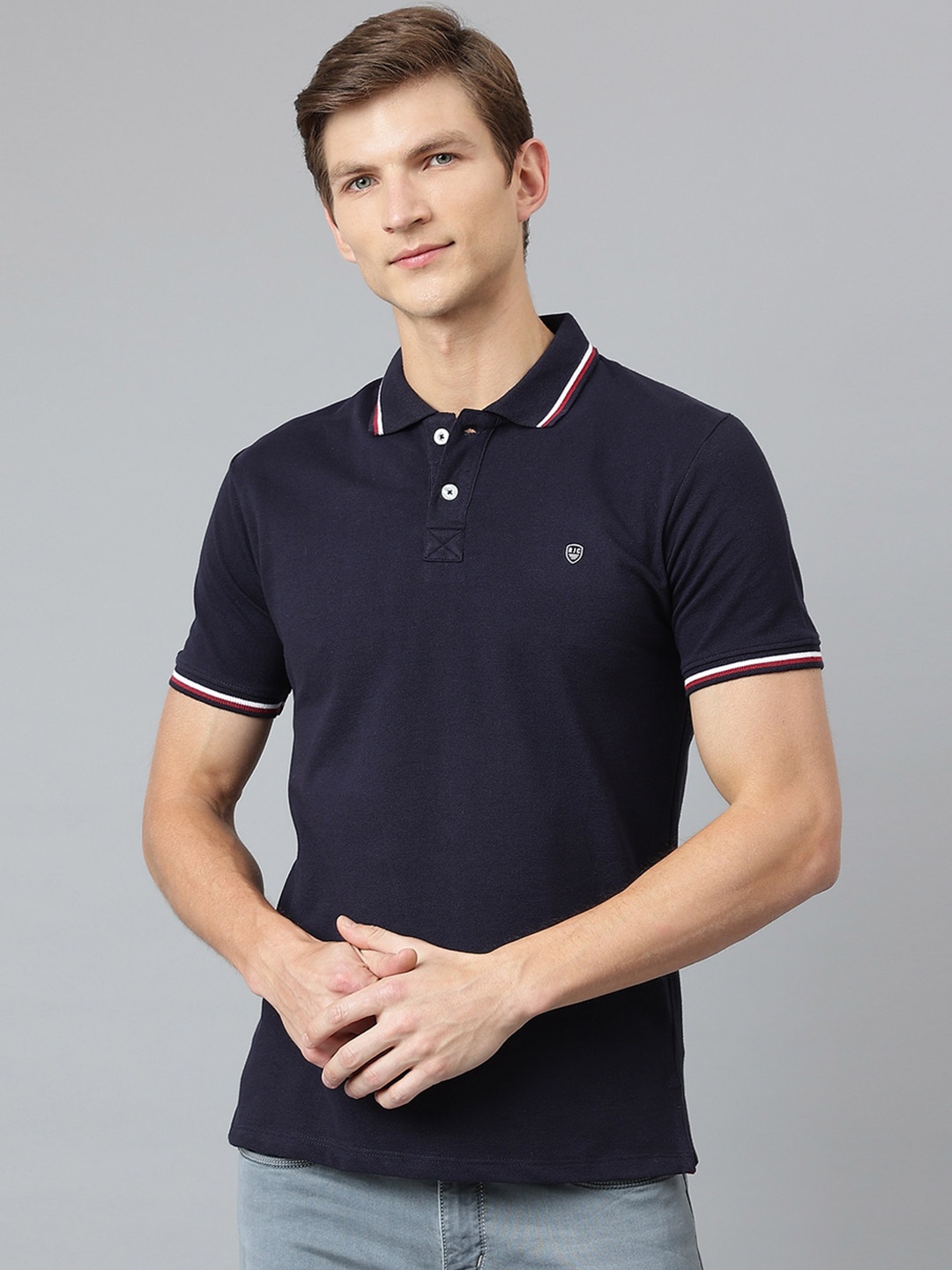 

Richlook Men Navy Blue Polo Collar T-shirt