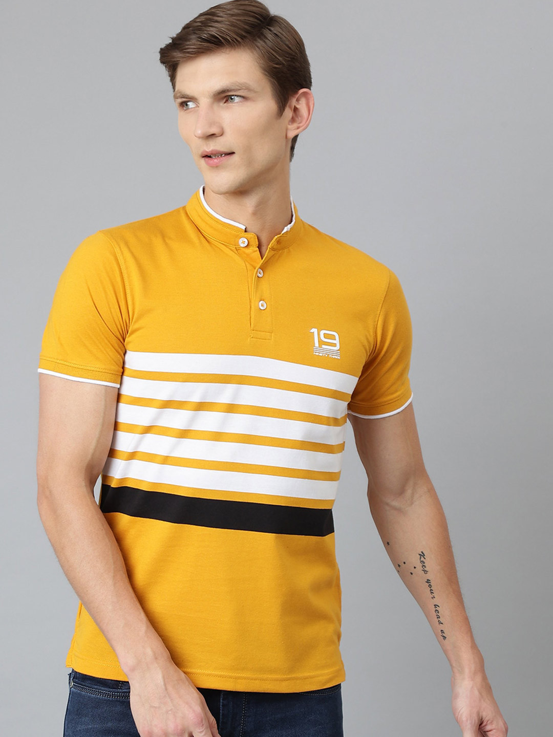 

Richlook Men Mustard Yellow Striped Henley Neck T-shirt