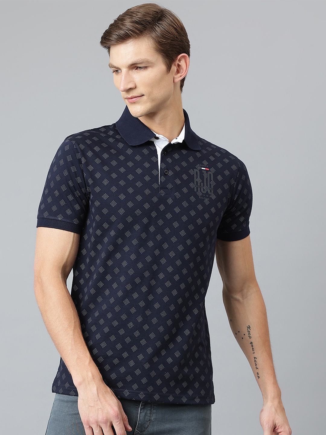

Richlook Men Navy Blue Printed Polo Collar T-shirt