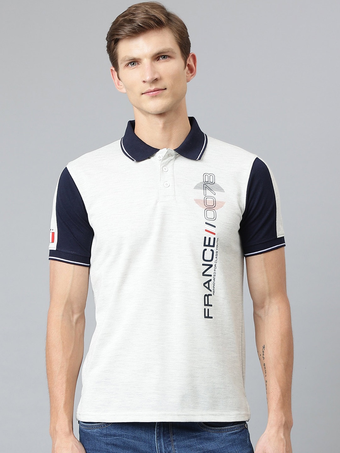

Richlook Men White & Navy Blue Typography Printed Polo Collar T-shirt