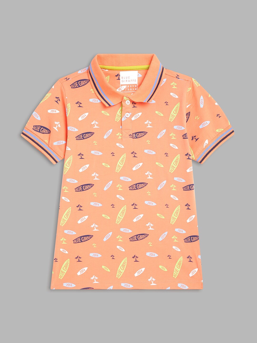 

Blue Giraffe Boys Peach-Coloured & Grey Printed Polo Collar T-shirt