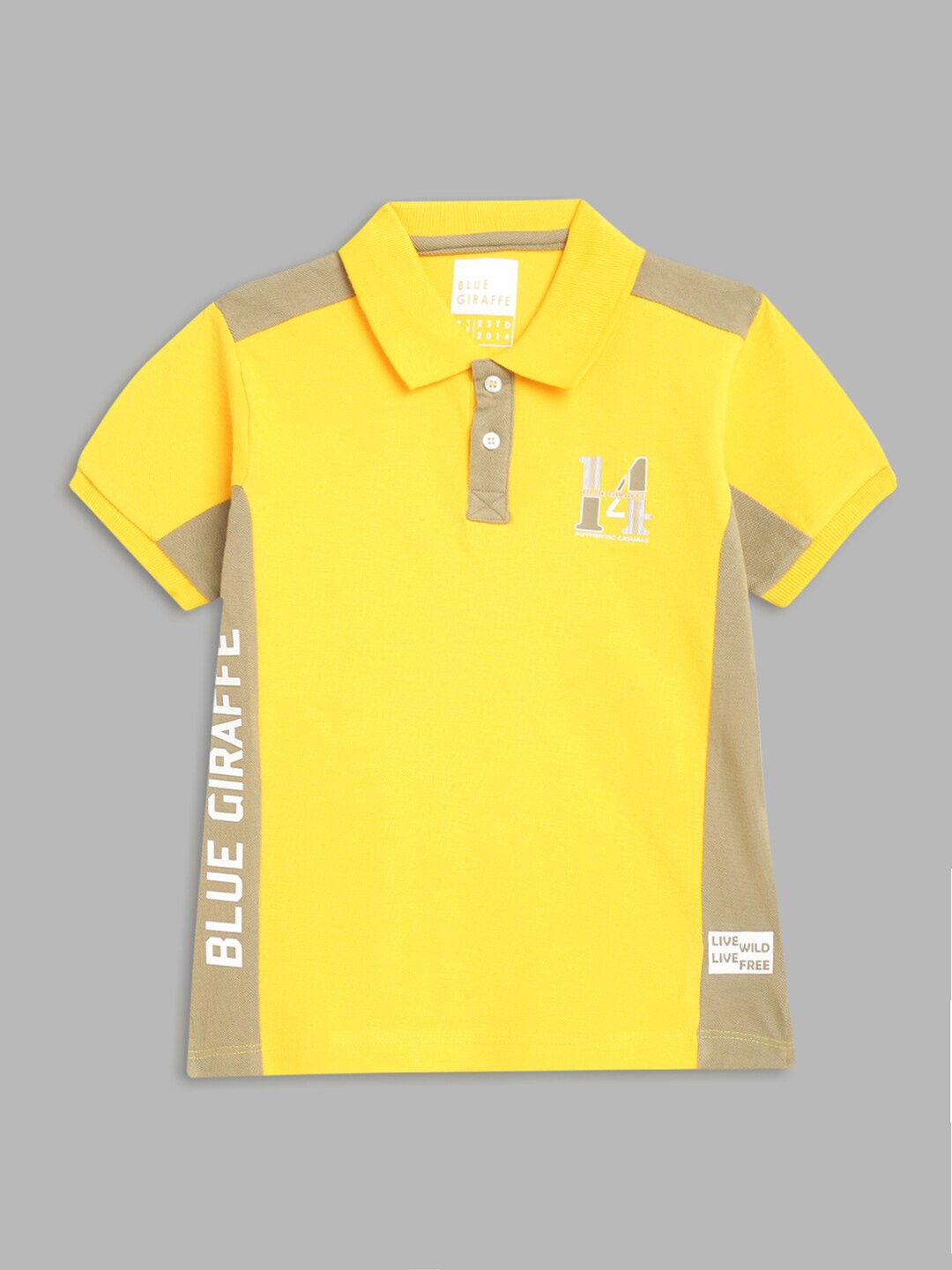 

Blue Giraffe Boys Yellow & Beige Typography Colourblocked Polo Collar T-shirt