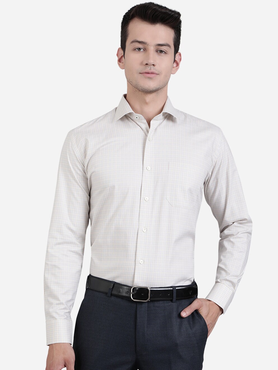

JADE BLUE Men Beige Checked Cotton Formal Shirt