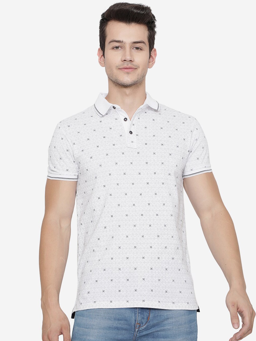 

JADE BLUE Men White & Blue Printed Polo Collar Slim Fit Cotton T-shirt