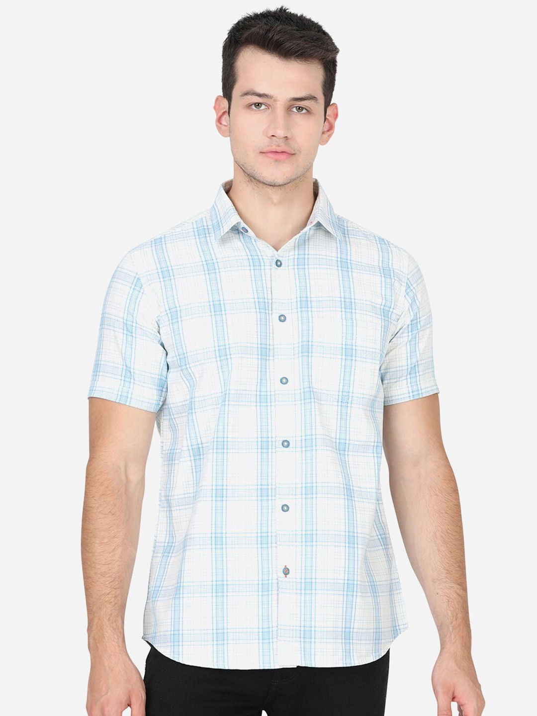 

JADE BLUE Men White Slim Fit Checked Cotton Casual Shirt