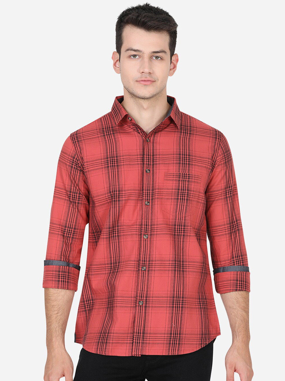 

JADE BLUE Men Red Slim Fit Tartan Checks Checked Cotton Casual Shirt