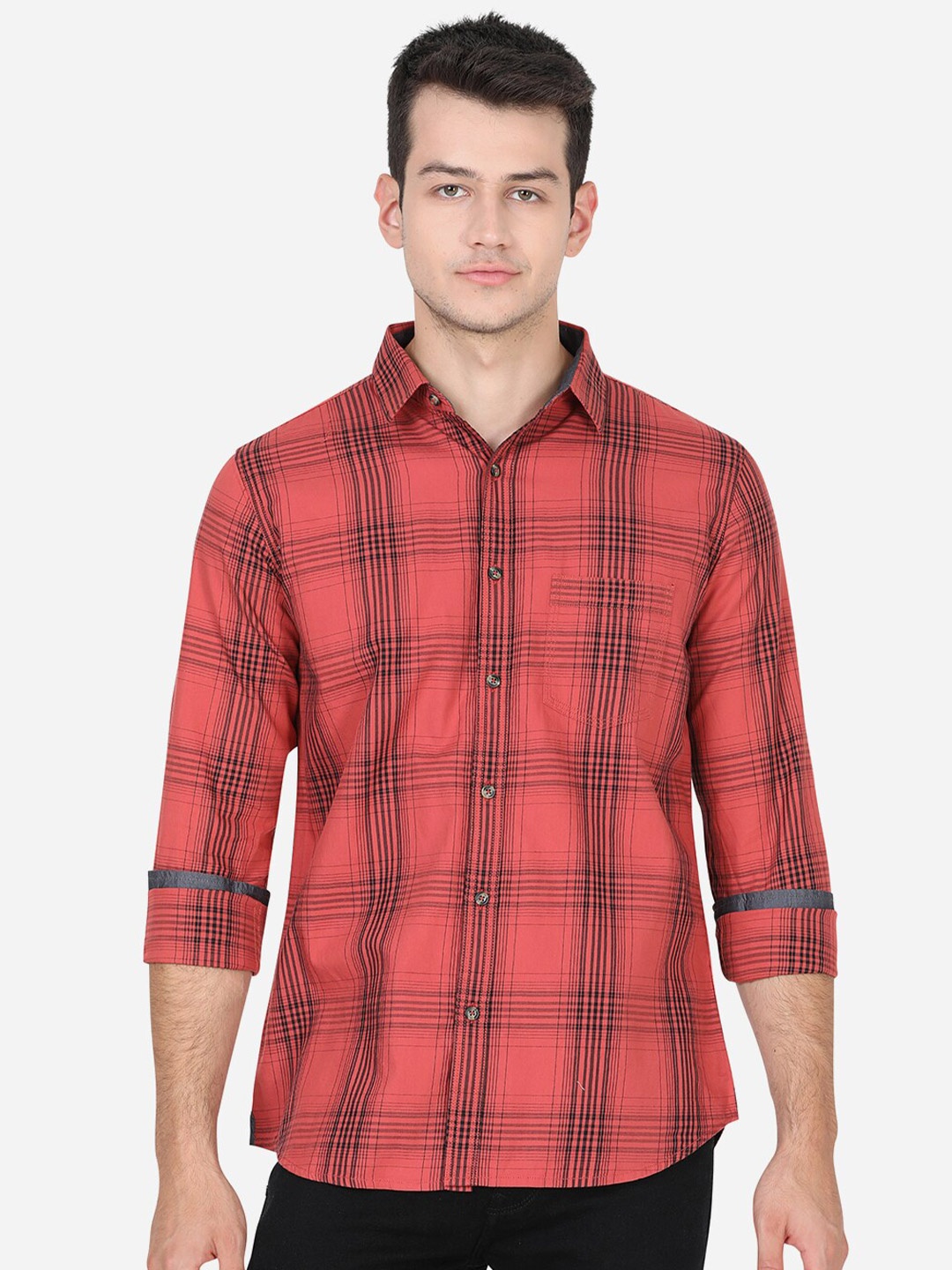 

JADE BLUE Men Red Slim Fit Tartan Checks Checked Cotton Casual Shirt