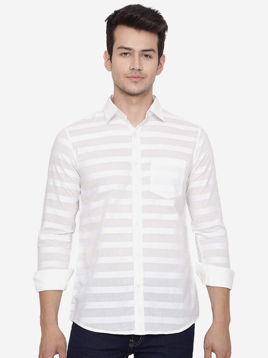 

JADE BLUE Men White Slim Fit Horizontal Stripes Striped Cotton Casual Shirt