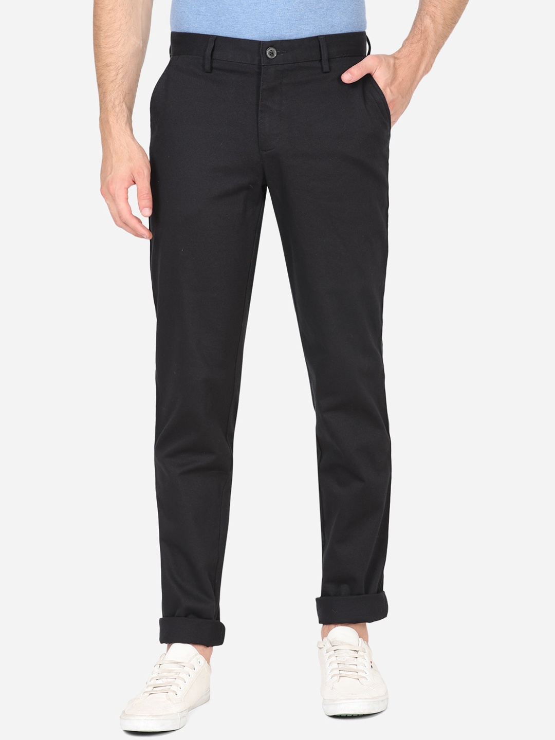 

JADE BLUE Men Black Slim Fit Wrinkle Free Cotton Trousers