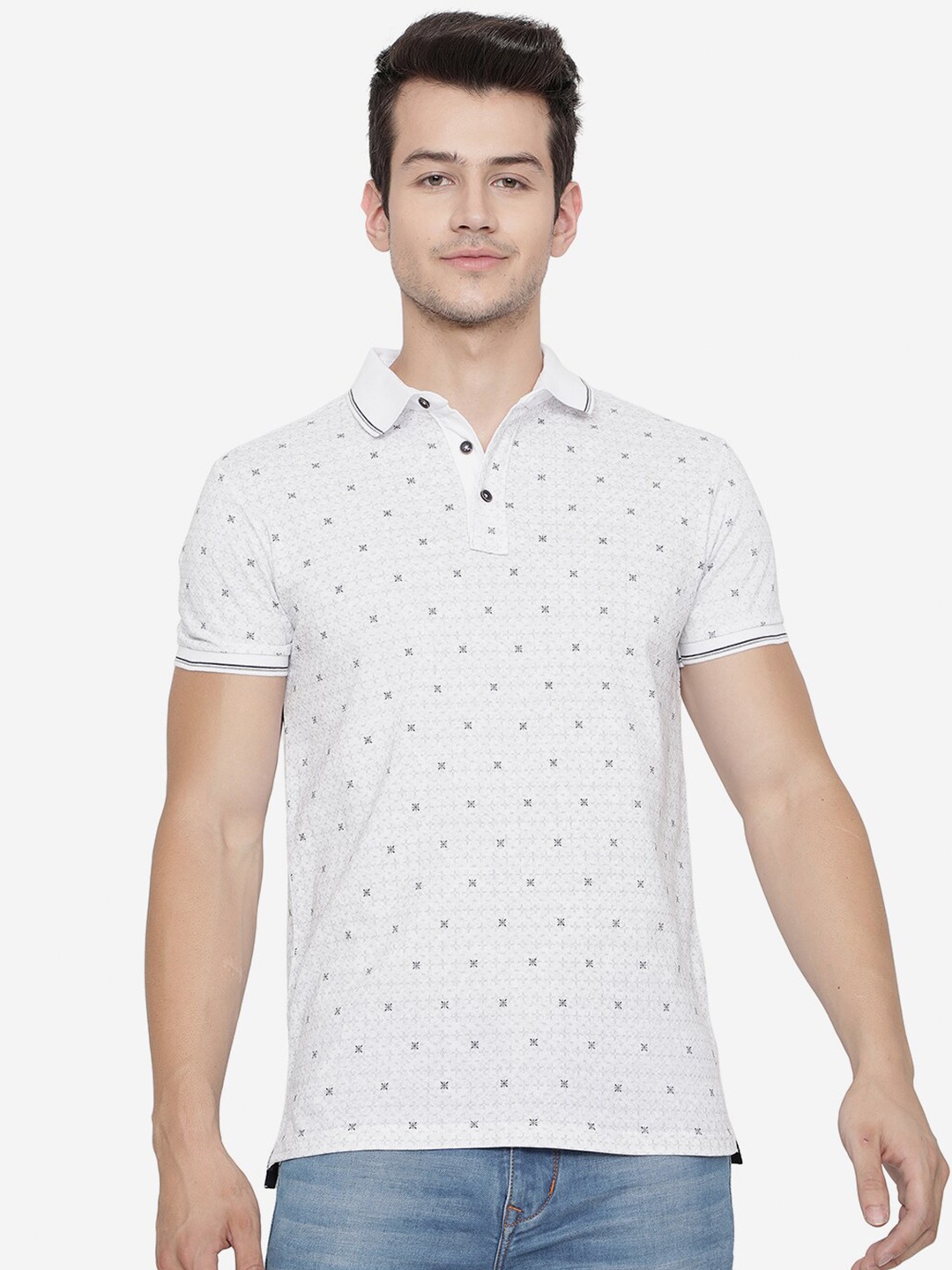 

JADE BLUE Men White Printed Polo Collar Cotton Slim Fit T-shirt