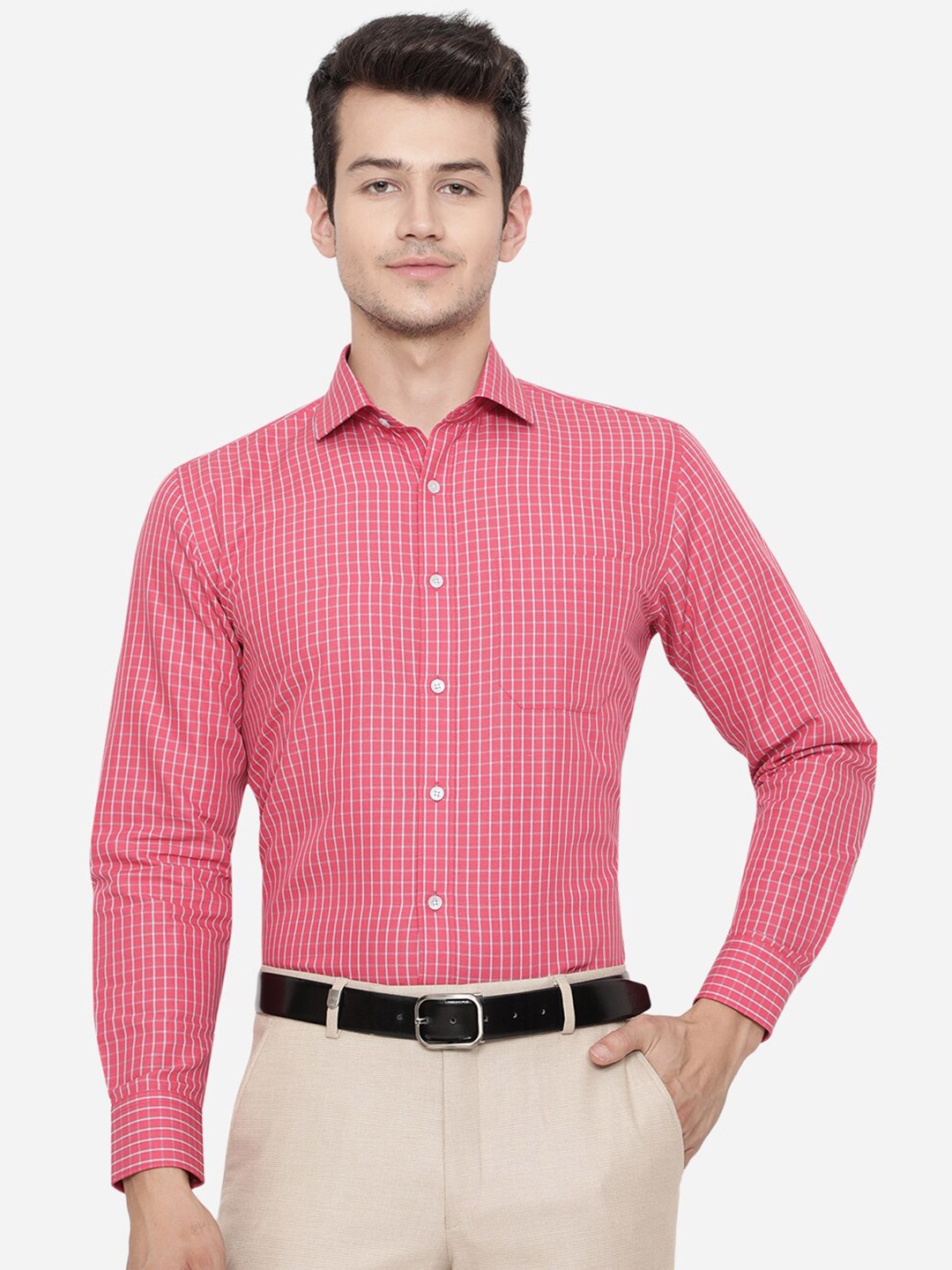 

JADE BLUE Men Pink Grid Tattersall Checks Formal Shirt