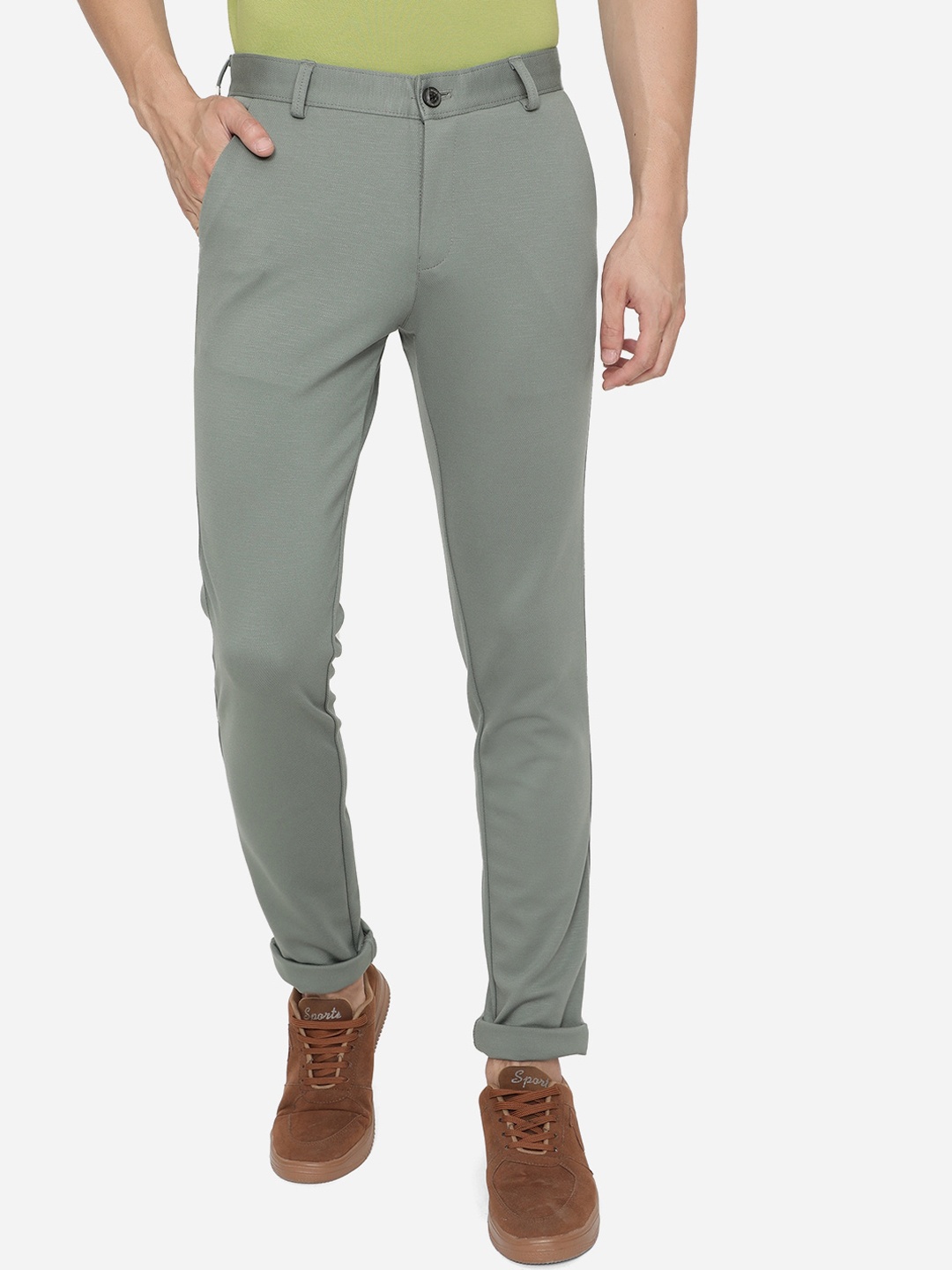 

JADE BLUE Men Green Slim Fit Wrinkle Free Casual Trousers