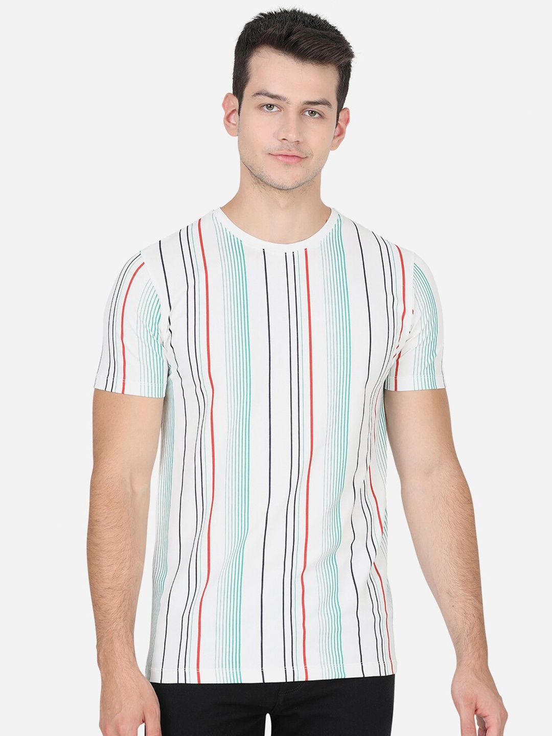 

JADE BLUE Plus Men Off White Striped Slim Fit T-shirt