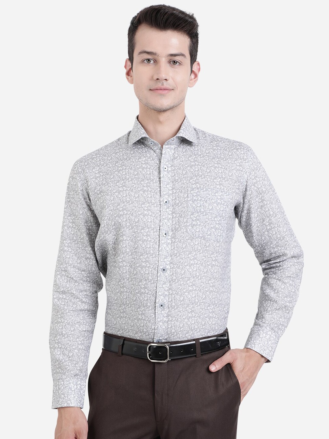 

JADE BLUE Men Grey Slim Fit Floral Printed Formal Shirt