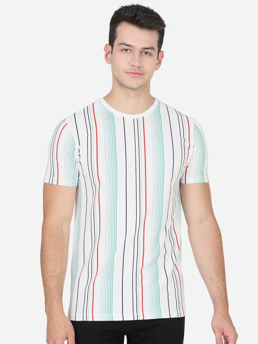 

JADE BLUE Men Off White Striped Slim Fit T-shirt