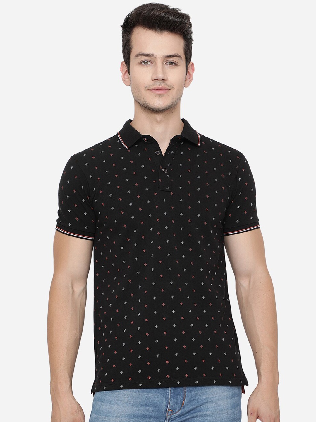 

JADE BLUE Men Black Printed Polo Collar Slim Fit T-shirt